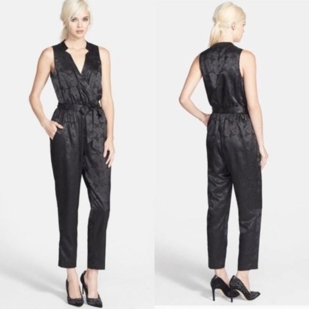 ASTR the Label Black Floral Jacquard Sleeveless Surplice Jumpsuit
